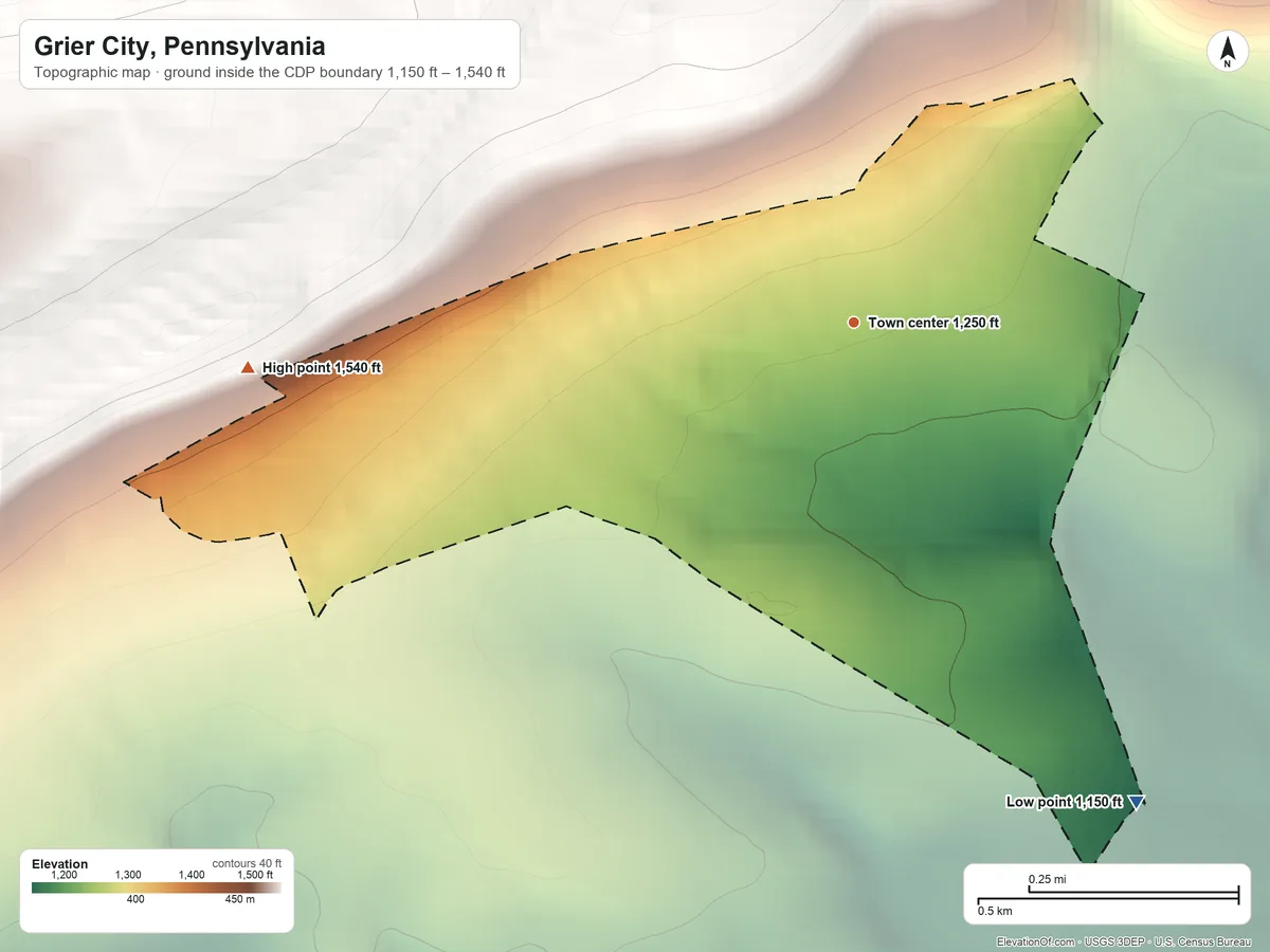 Topographic elevation map of Grier City, Pennsylvania, shaded from 1,150 ft on the southeast side to 1,540 ft at the foot of the Broad Mountain