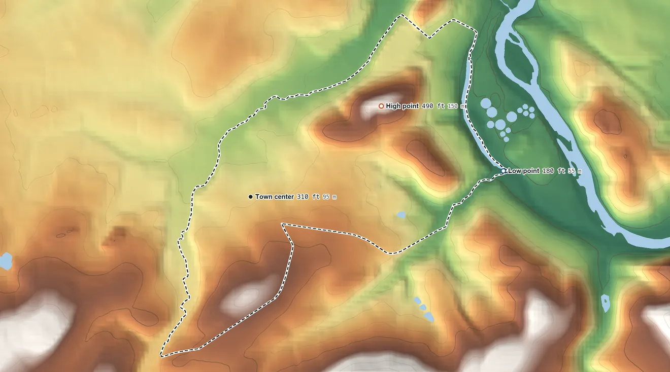 Topographic elevation map of Grill, Pennsylvania, shaded from 180 ft on the east side to 490 ft at the foot of the South Mountain