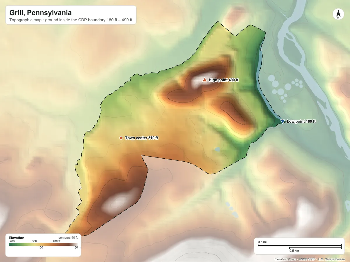 Topographic elevation map of Grill, Pennsylvania, shaded from 180 ft on the east side to 490 ft at the foot of the South Mountain