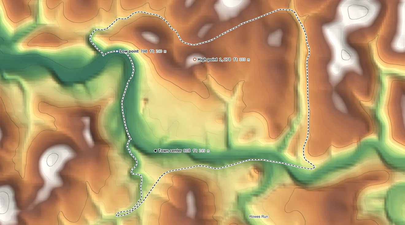 Topographic elevation map of Grindstone, Pennsylvania, shaded from 790 ft on the north side to 1,170 ft on the northeast side