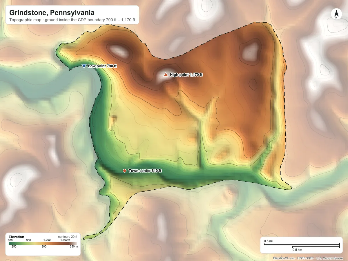Topographic elevation map of Grindstone, Pennsylvania, shaded from 790 ft on the north side to 1,170 ft on the northeast side