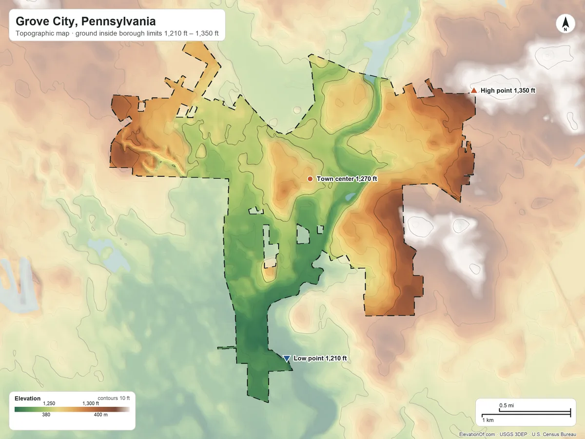 Topographic elevation map of Grove City, Pennsylvania, shaded from 1,210 ft on the south side to 1,350 ft on the northeast side