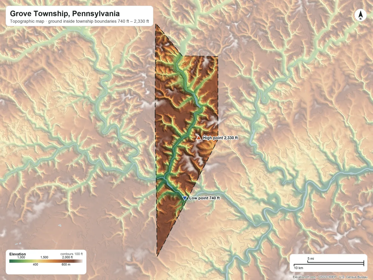 Topographic elevation map of Grove Township, Pennsylvania, shaded from 740 ft on the south side to 2,330 ft on the east side