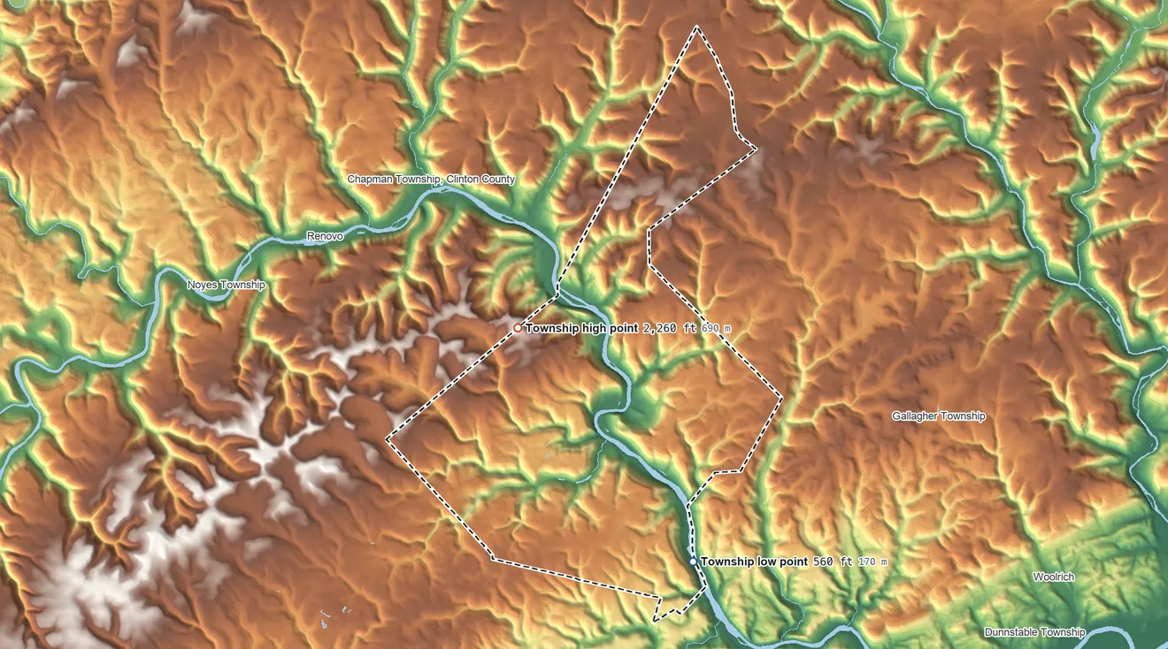 Topographic elevation map of Grugan Township, Pennsylvania, shaded from 560 ft on the south side to 2,260 ft on the west side