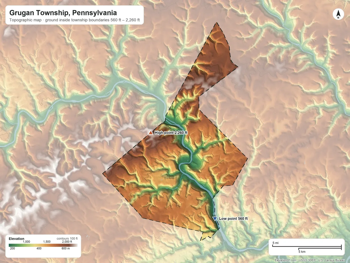 Topographic elevation map of Grugan Township, Pennsylvania, shaded from 560 ft on the south side to 2,260 ft on the west side
