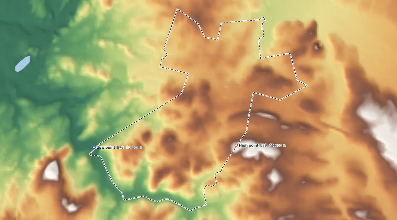 Topographic elevation map of Guilford, Pennsylvania, shaded from 670 ft on the southwest side to 820 ft on the southeast side