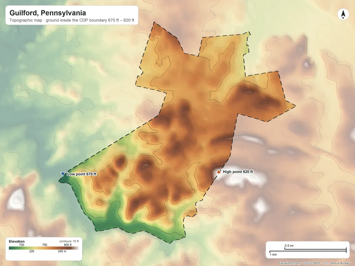 Topographic elevation map of Guilford, Pennsylvania, shaded from 670 ft on the southwest side to 820 ft on the southeast side