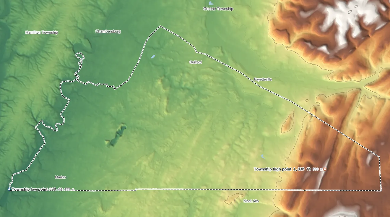Topographic elevation map of Guilford Township, Pennsylvania, shaded from 500 ft on the southwest side to 1,830 ft on Rocky Mountain