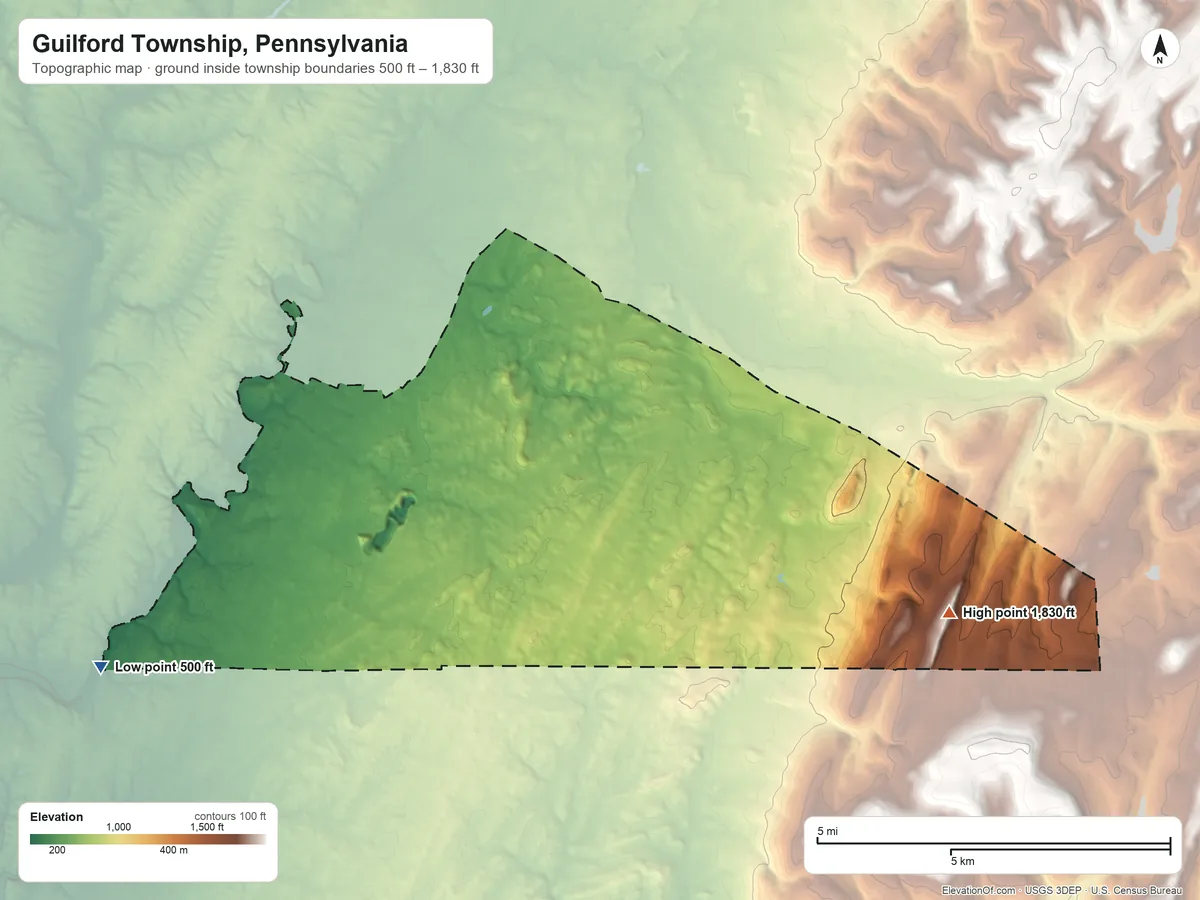 Topographic elevation map of Guilford Township, Pennsylvania, shaded from 500 ft on the southwest side to 1,830 ft on Rocky Mountain