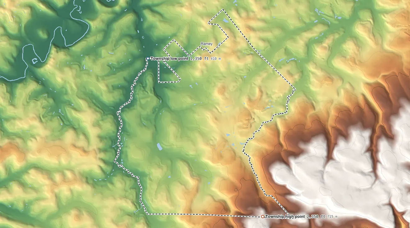 Topographic elevation map of Gulich Township, Pennsylvania, shaded from 1,350 ft on the northwest side to 2,350 ft on the southeast side