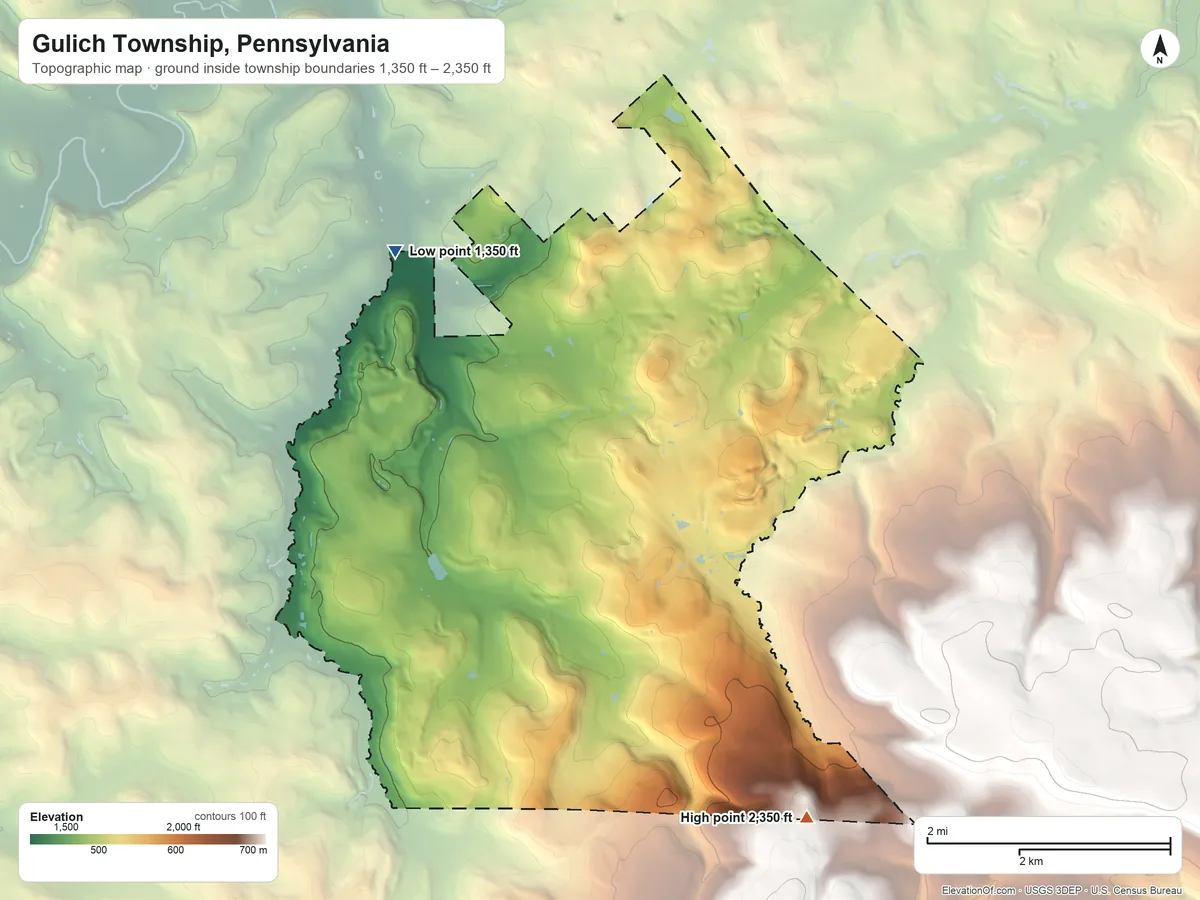 Topographic elevation map of Gulich Township, Pennsylvania, shaded from 1,350 ft on the northwest side to 2,350 ft on the southeast side