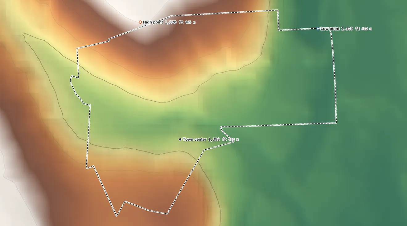 Topographic elevation map of Guys Mills, Pennsylvania, shaded from 1,340 ft on the northeast side to 1,520 ft on the north side