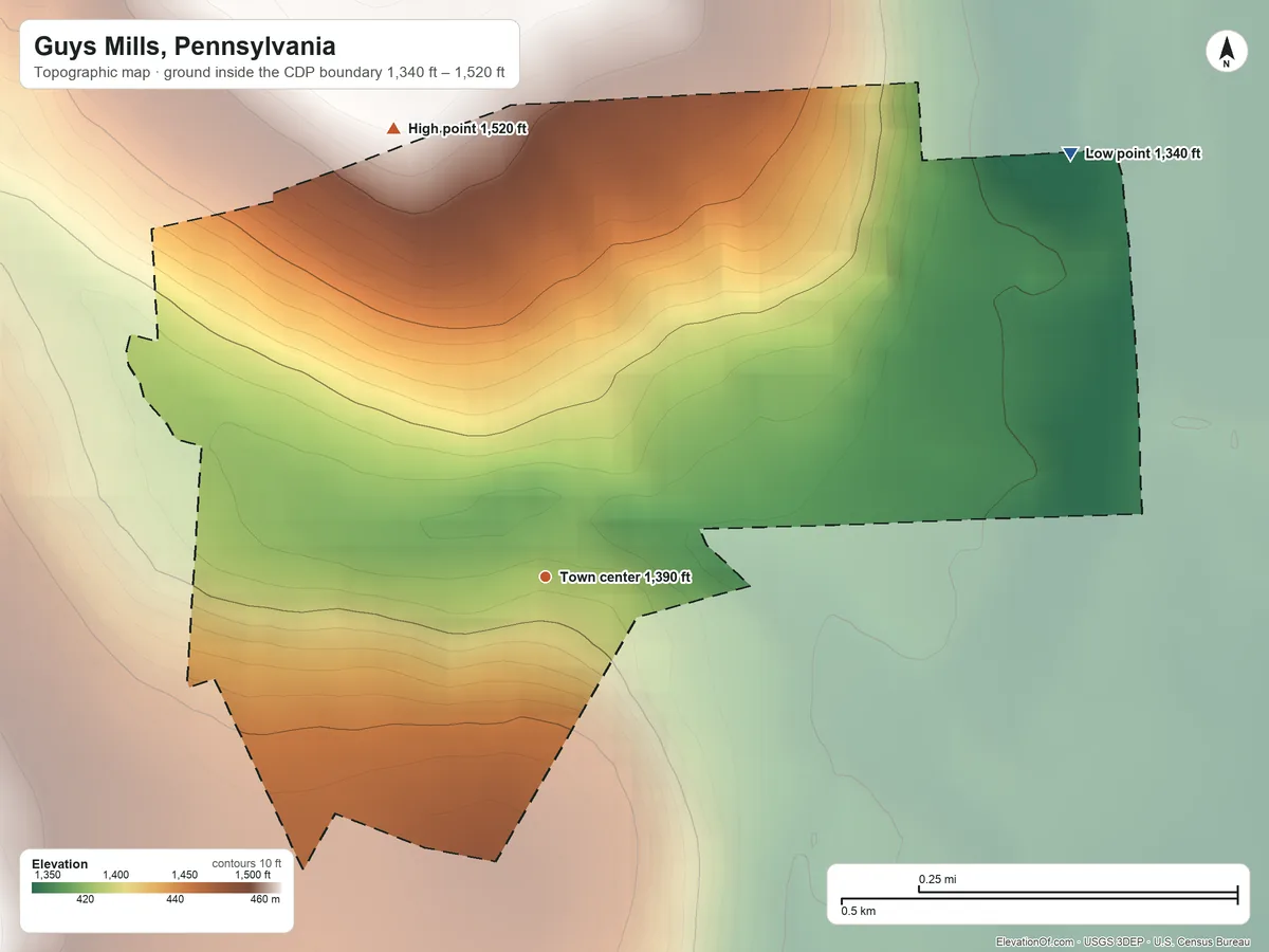 Topographic elevation map of Guys Mills, Pennsylvania, shaded from 1,340 ft on the northeast side to 1,520 ft on the north side