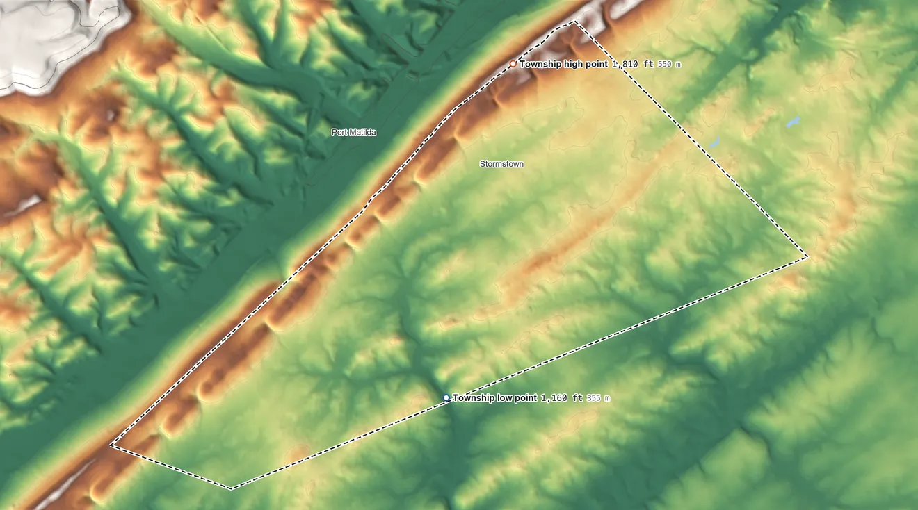 Topographic elevation map of Halfmoon Township, Pennsylvania, shaded from 1,160 ft on the south side to 1,810 ft on the north side
