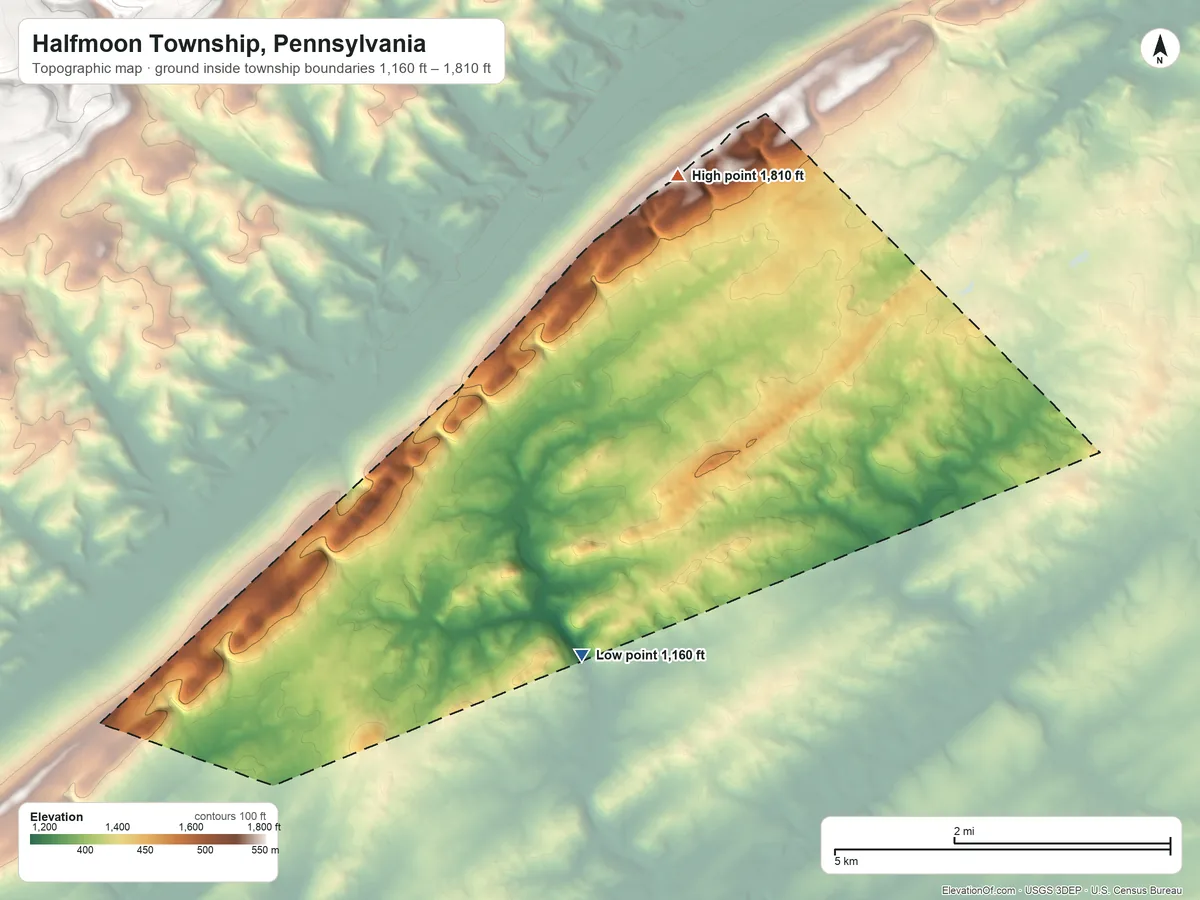 Topographic elevation map of Halfmoon Township, Pennsylvania, shaded from 1,160 ft on the south side to 1,810 ft on the north side