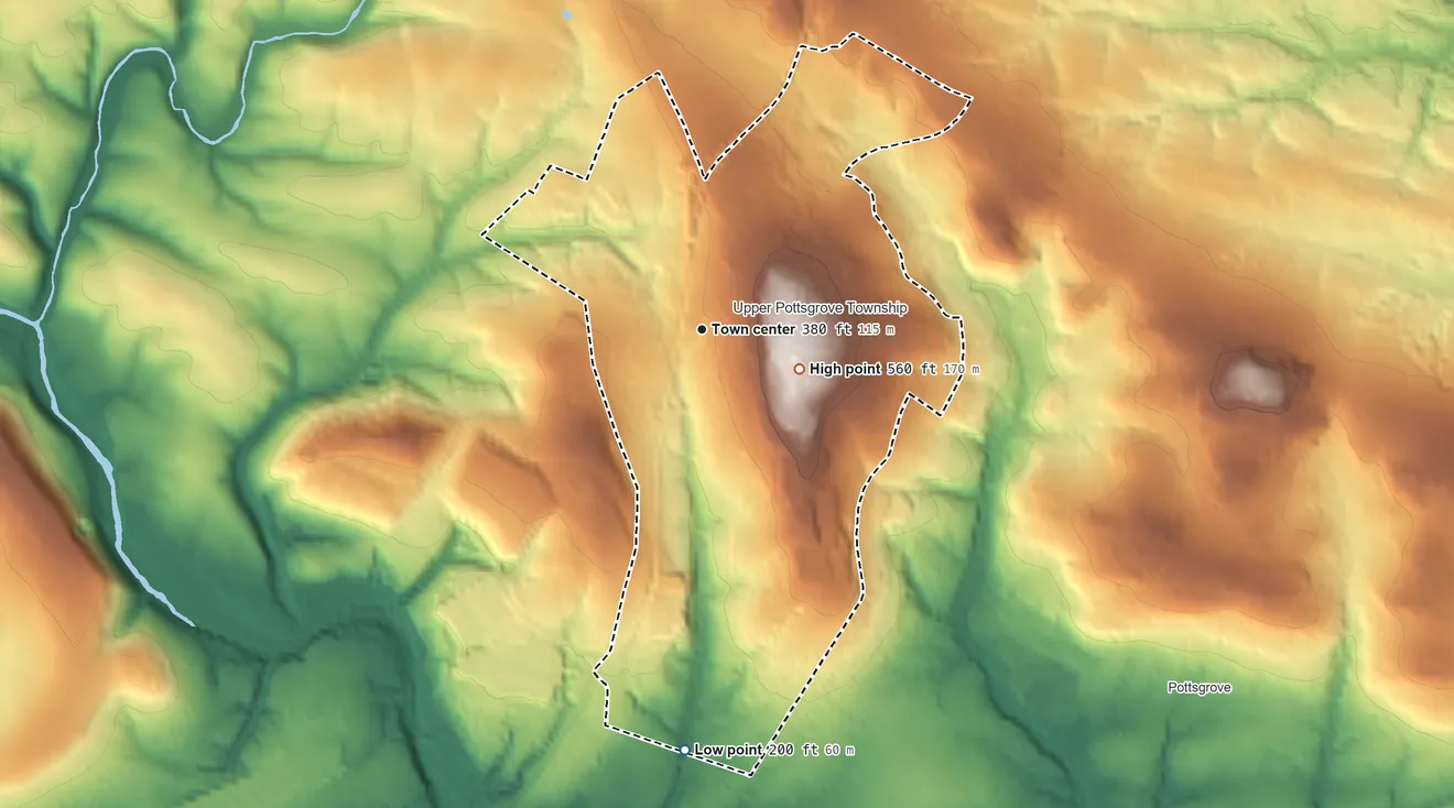 Topographic elevation map of Halfway House, Pennsylvania, shaded from 200 ft on the south side to 560 ft on the east side