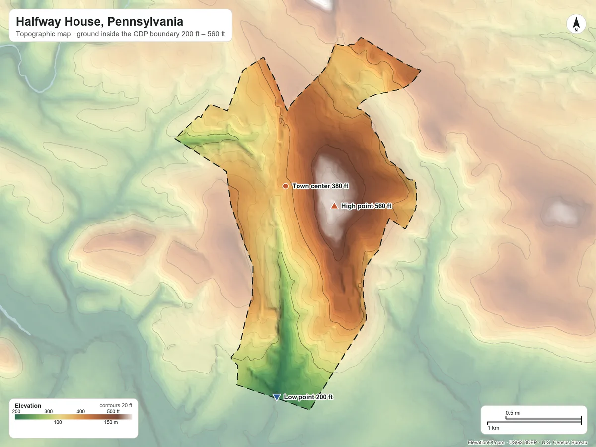 Topographic elevation map of Halfway House, Pennsylvania, shaded from 200 ft on the south side to 560 ft on the east side