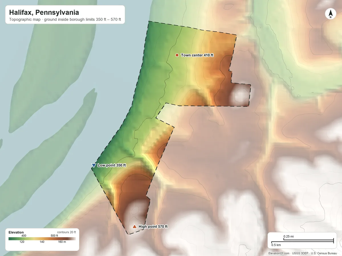 Topographic elevation map of Halifax, Pennsylvania, shaded from 350 ft on the southwest side to 570 ft on the south side