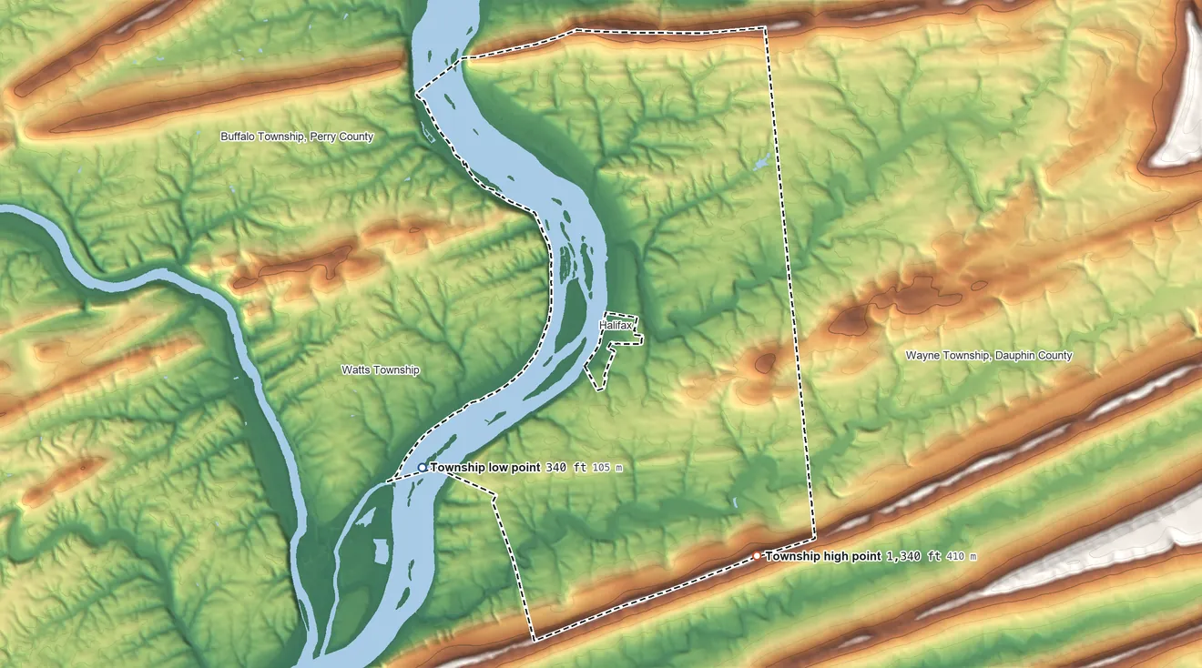 Topographic elevation map of Halifax Township, Pennsylvania, shaded from 340 ft on the southwest side to 1,340 ft on the southeast side