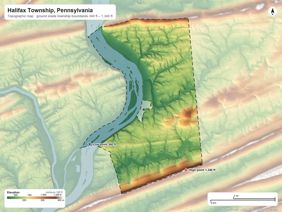Topographic elevation map of Halifax Township, Pennsylvania, shaded from 340 ft on the southwest side to 1,340 ft on the southeast side