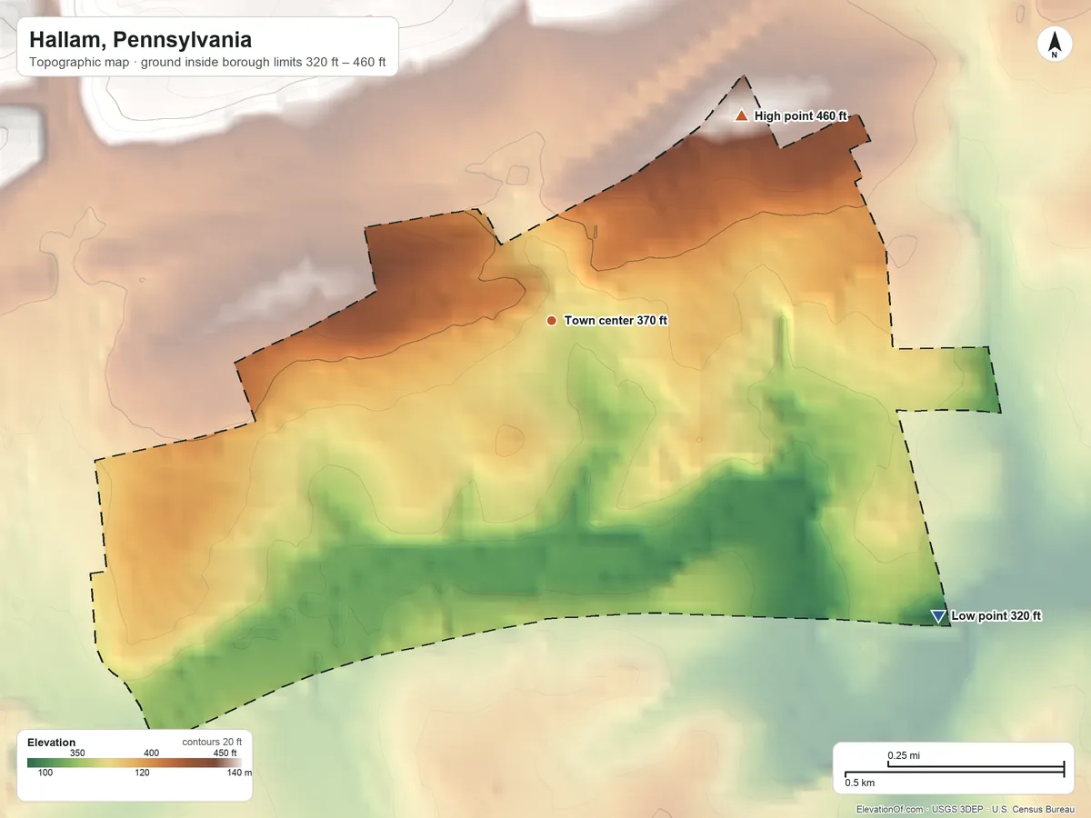 Topographic elevation map of Hallam, Pennsylvania, shaded from 320 ft on the southeast side to 460 ft at the foot of the Hellam Hills