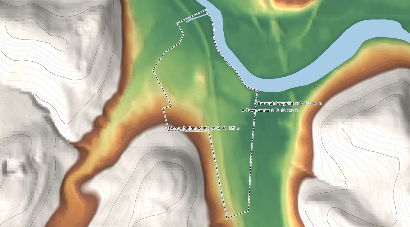 Topographic elevation map of Hallstead, Pennsylvania, shaded from 860 ft near the middle to 1,060 ft on the west edge, below higher ground just outside