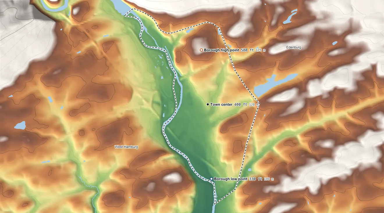 Topographic elevation map of Hamburg, Pennsylvania, shaded from 330 ft on the south side to 580 ft on the north edge, below higher ground just outside