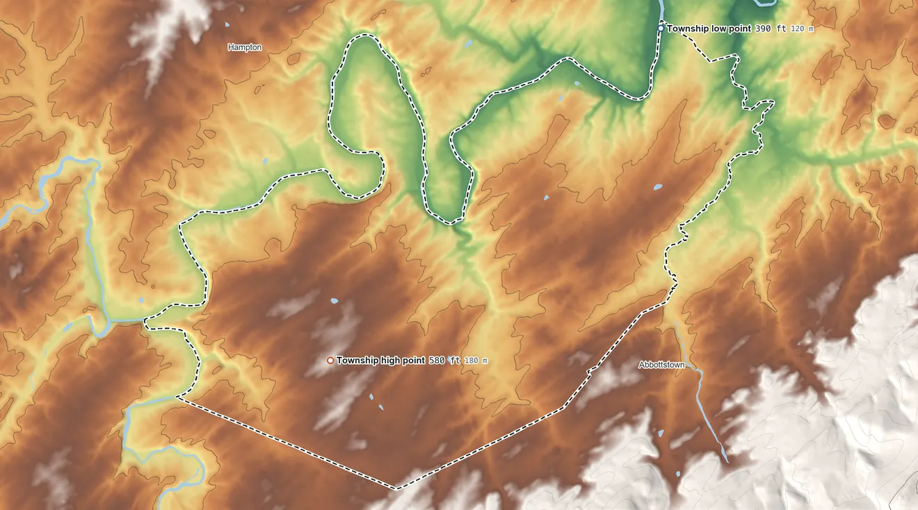 Topographic elevation map of Hamilton Township, Adams County, Pennsylvania, shaded from 390 ft on the northeast side to 580 ft on the southwest side