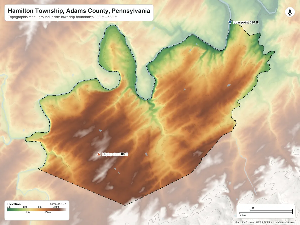 Topographic elevation map of Hamilton Township, Adams County, Pennsylvania, shaded from 390 ft on the northeast side to 580 ft on the southwest side