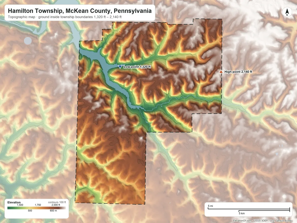 Topographic elevation map of Hamilton Township, McKean County, Pennsylvania, shaded from 1,320 ft on the north side to 2,140 ft on the northeast side