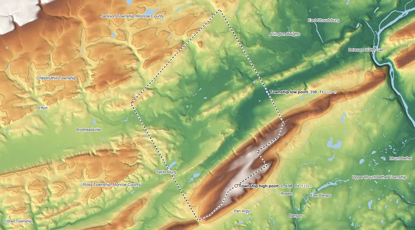 Topographic elevation map of Hamilton Township, Monroe County, Pennsylvania, shaded from 390 ft on the east side to 1,690 ft on the southeast side