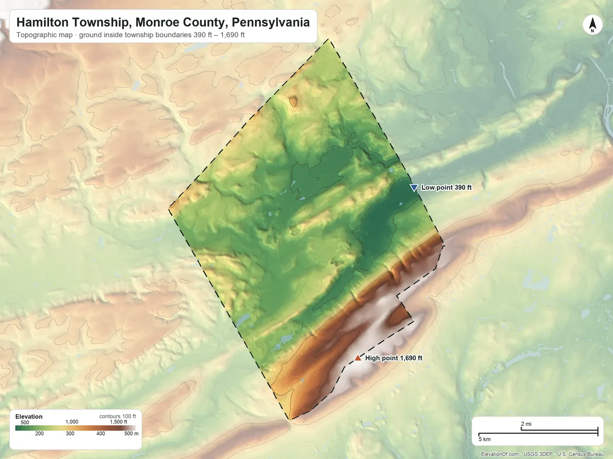 Topographic elevation map of Hamilton Township, Monroe County, Pennsylvania, shaded from 390 ft on the east side to 1,690 ft on the southeast side