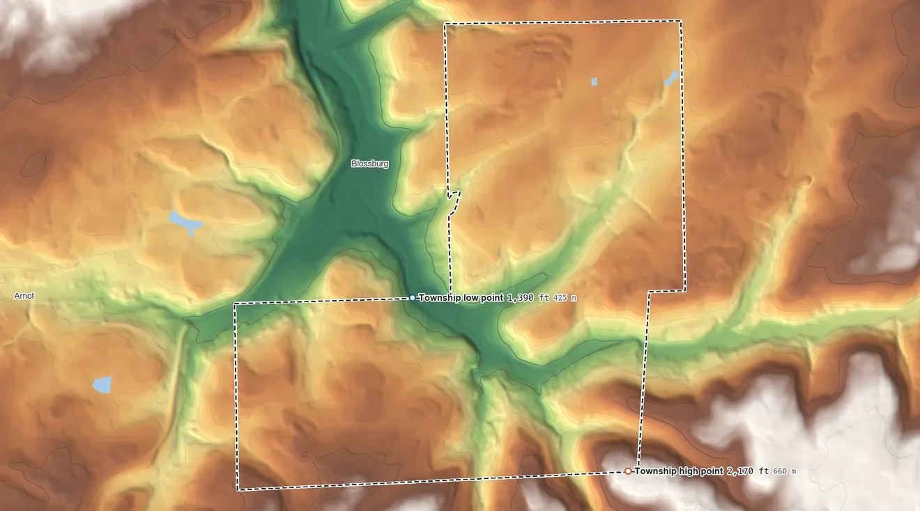 Topographic elevation map of Hamilton Township, Tioga County, Pennsylvania, shaded from 1,390 ft on the southwest side to 2,170 ft on the south side