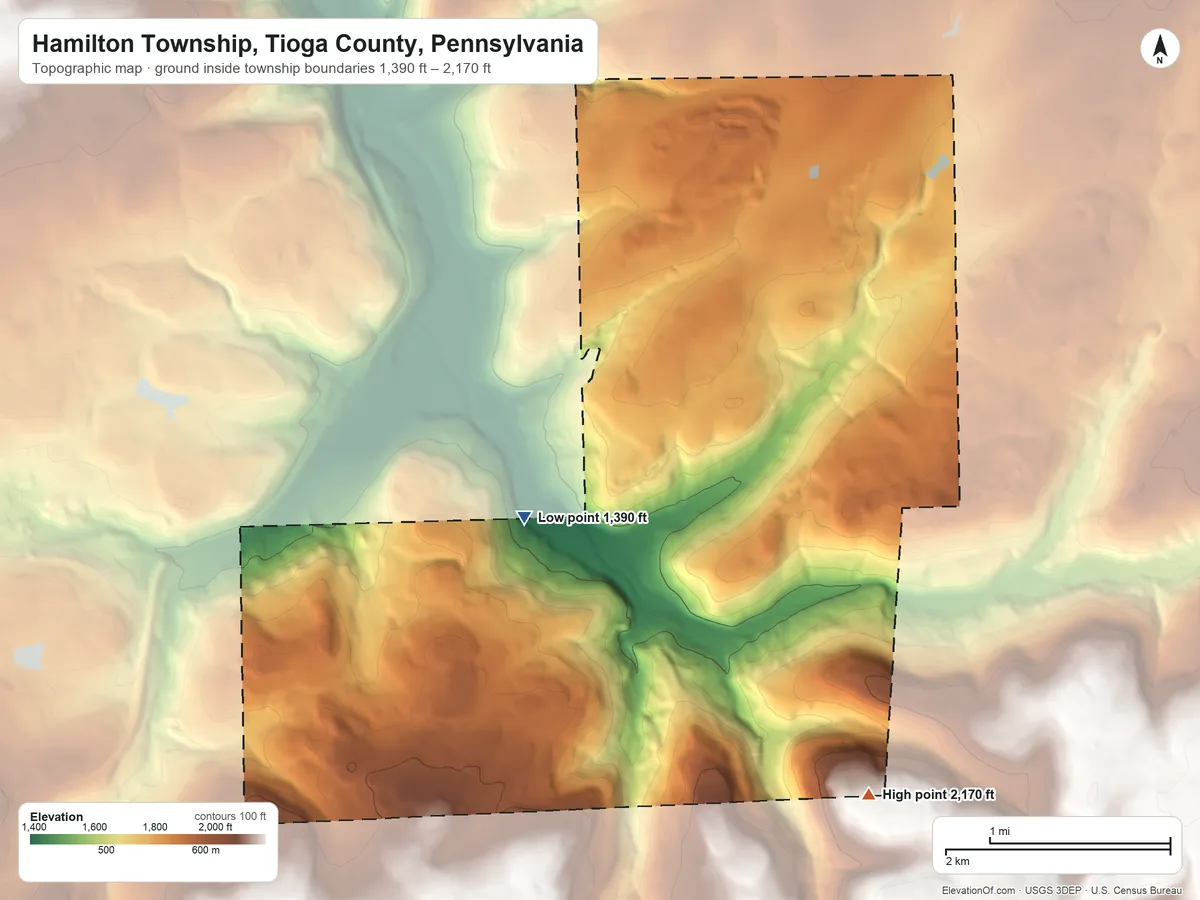 Topographic elevation map of Hamilton Township, Tioga County, Pennsylvania, shaded from 1,390 ft on the southwest side to 2,170 ft on the south side