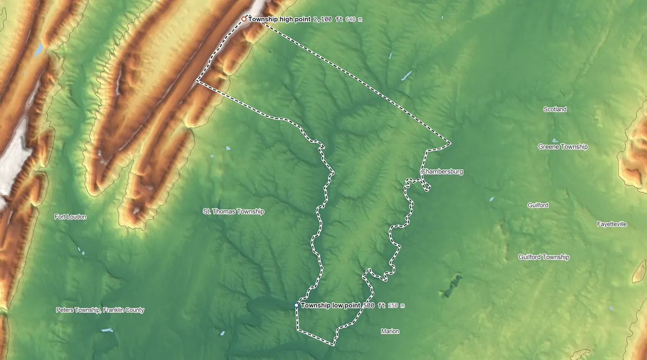 Topographic elevation map of Hamilton Township, Pennsylvania, shaded from 500 ft on the southwest side to 2,100 ft on the northwest side