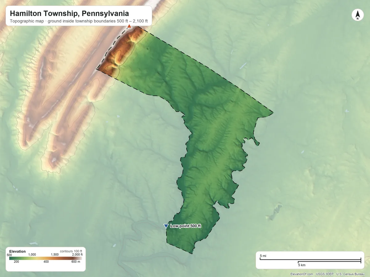Topographic elevation map of Hamilton Township, Pennsylvania, shaded from 500 ft on the southwest side to 2,100 ft on the northwest side