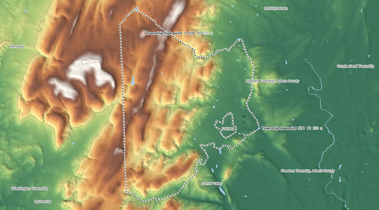 Topographic elevation map of Hamiltonban Township, Pennsylvania, shaded from 570 ft on the east side to 1,890 ft on The Knob