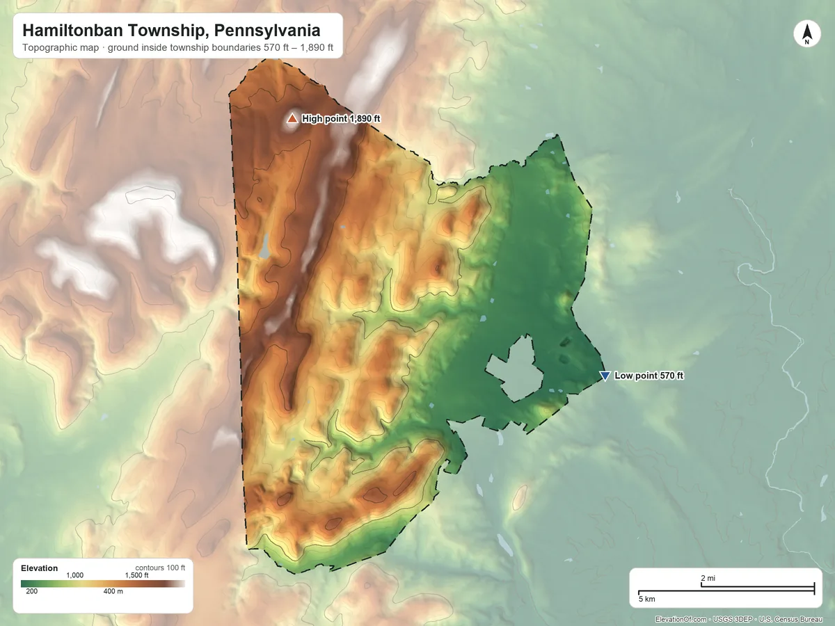 Topographic elevation map of Hamiltonban Township, Pennsylvania, shaded from 570 ft on the east side to 1,890 ft on The Knob