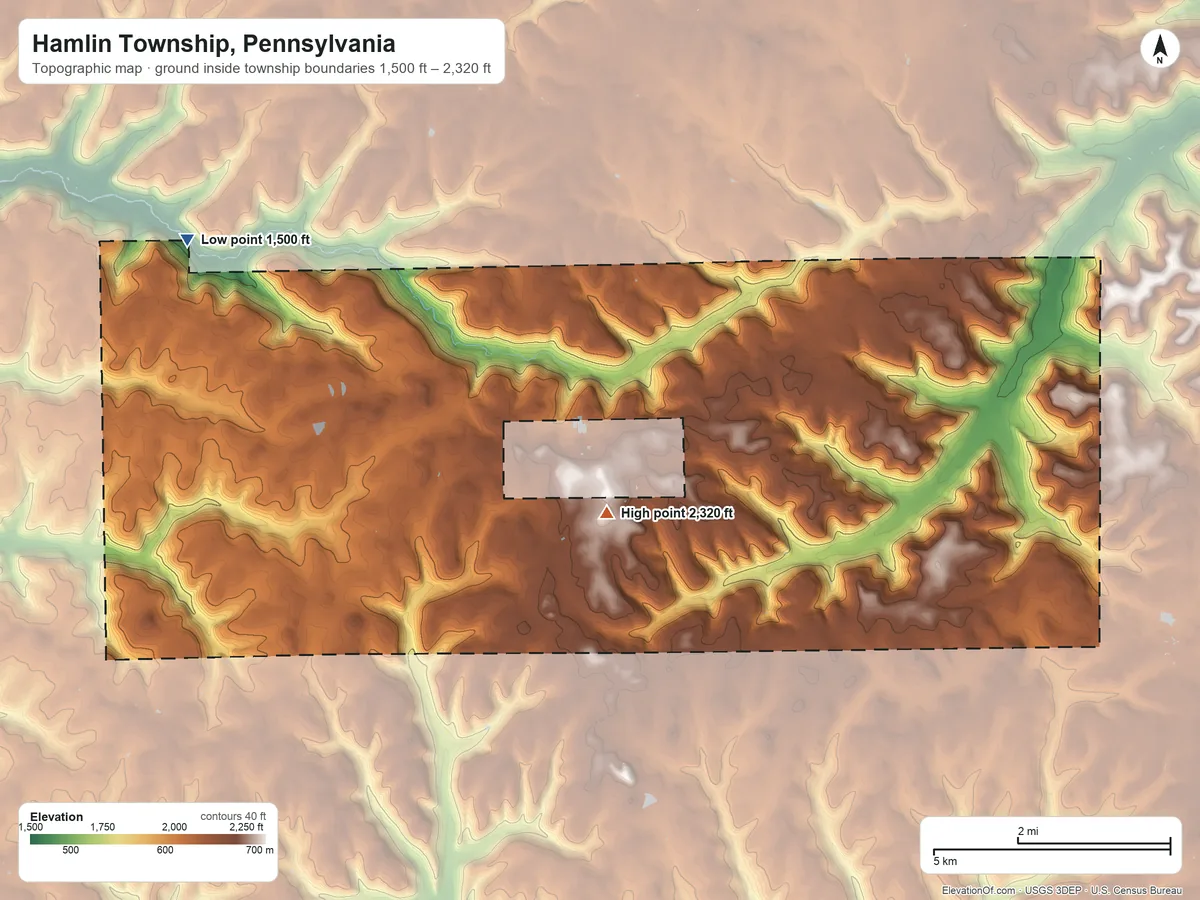 Topographic elevation map of Hamlin Township, Pennsylvania, shaded from 1,500 ft on the west side to 2,320 ft on the southwest side