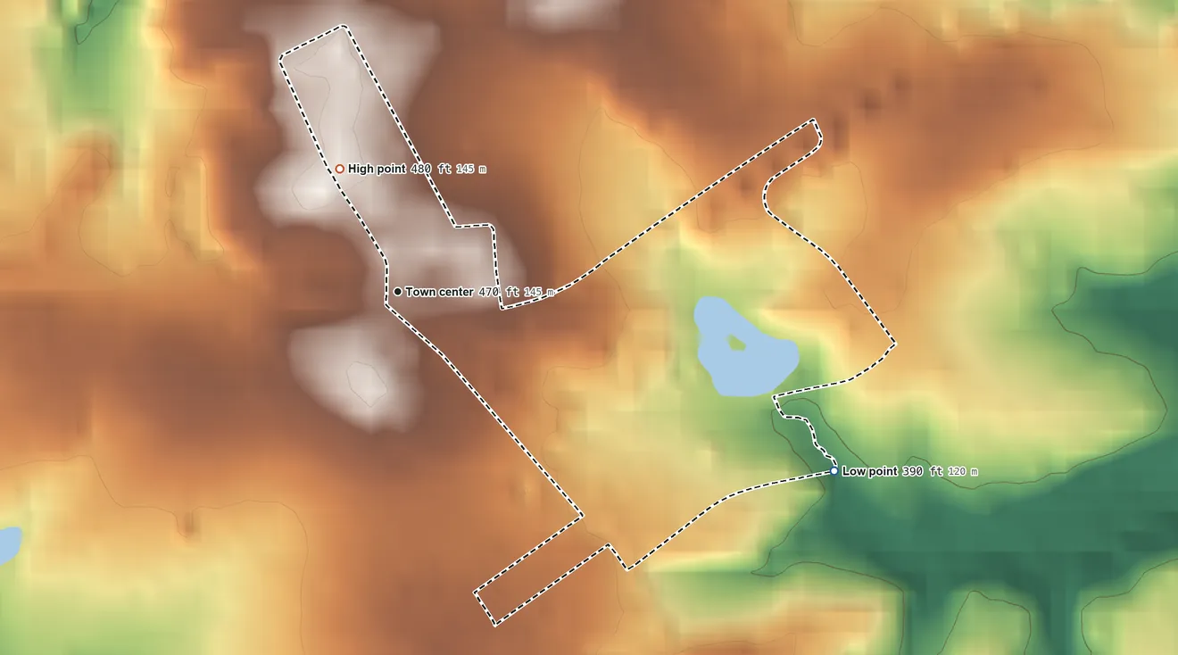 Topographic elevation map of Hamorton, Pennsylvania, shaded from 390 ft on the east side to 480 ft on the northwest side
