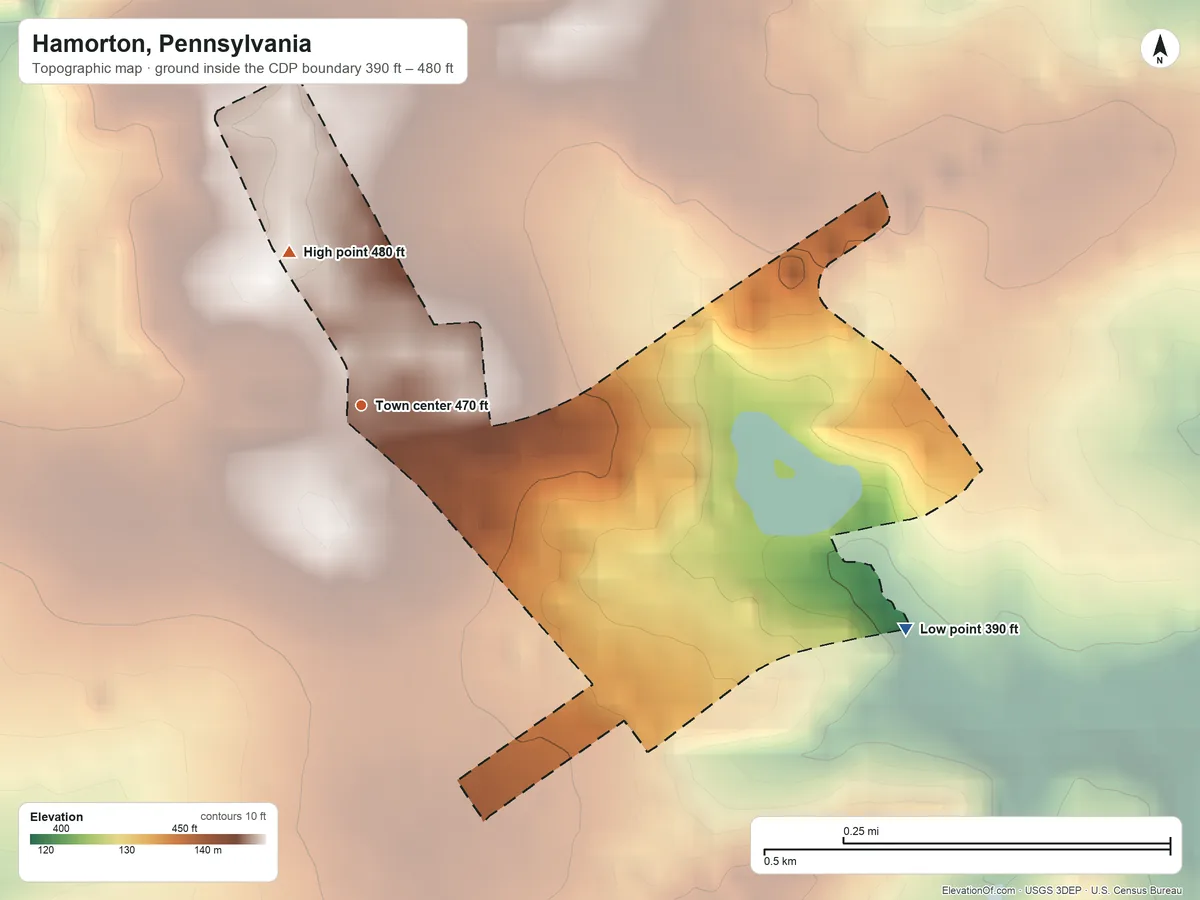 Topographic elevation map of Hamorton, Pennsylvania, shaded from 390 ft on the east side to 480 ft on the northwest side