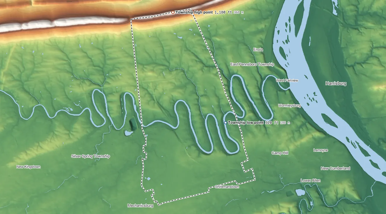 Topographic elevation map of Hampden Township, Pennsylvania, shaded from 320 ft on the east side to 1,180 ft on the north side