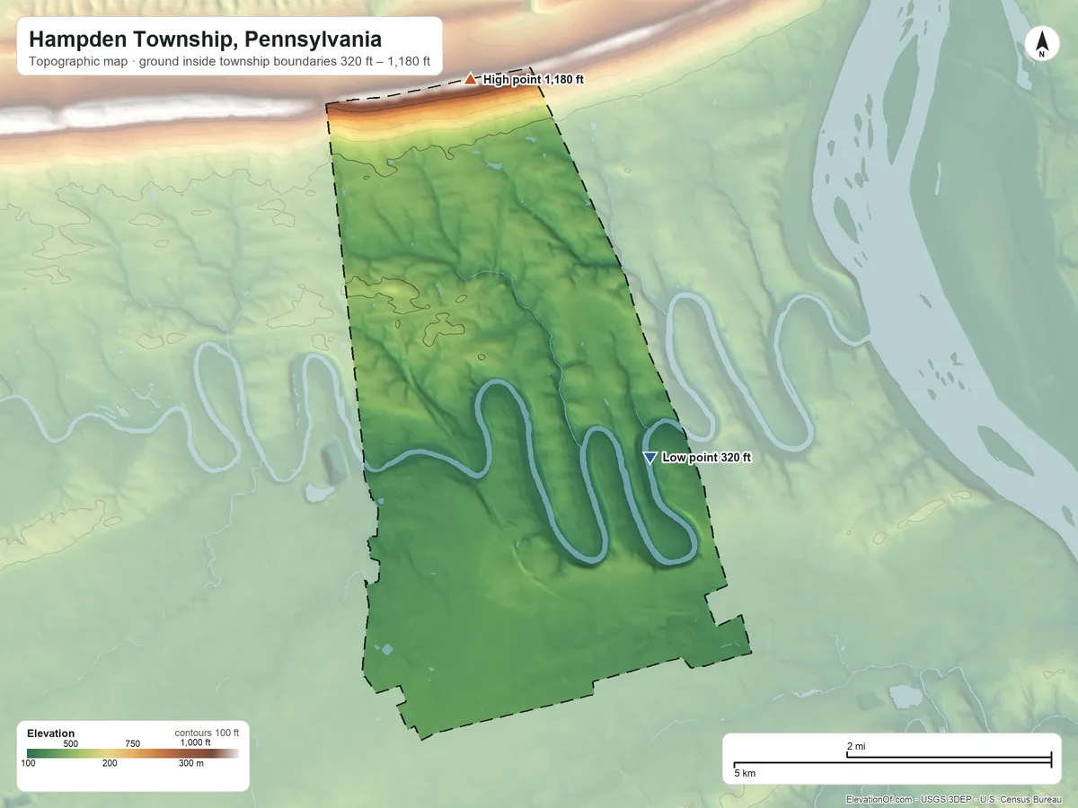Topographic elevation map of Hampden Township, Pennsylvania, shaded from 320 ft on the east side to 1,180 ft on the north side