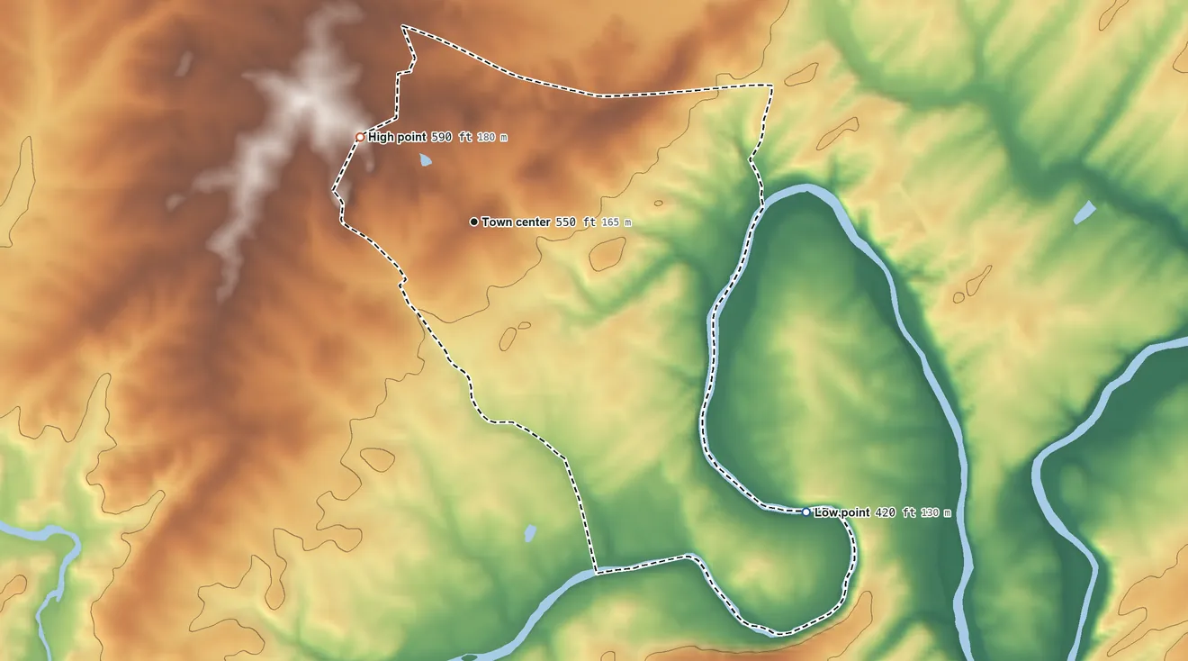 Topographic elevation map of Hampton, Pennsylvania, shaded from 420 ft on the southeast side to 590 ft on the northwest side