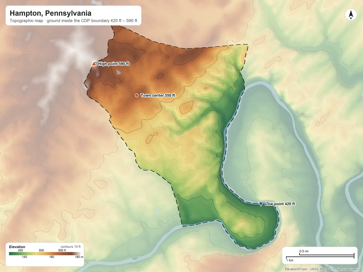 Topographic elevation map of Hampton, Pennsylvania, shaded from 420 ft on the southeast side to 590 ft on the northwest side