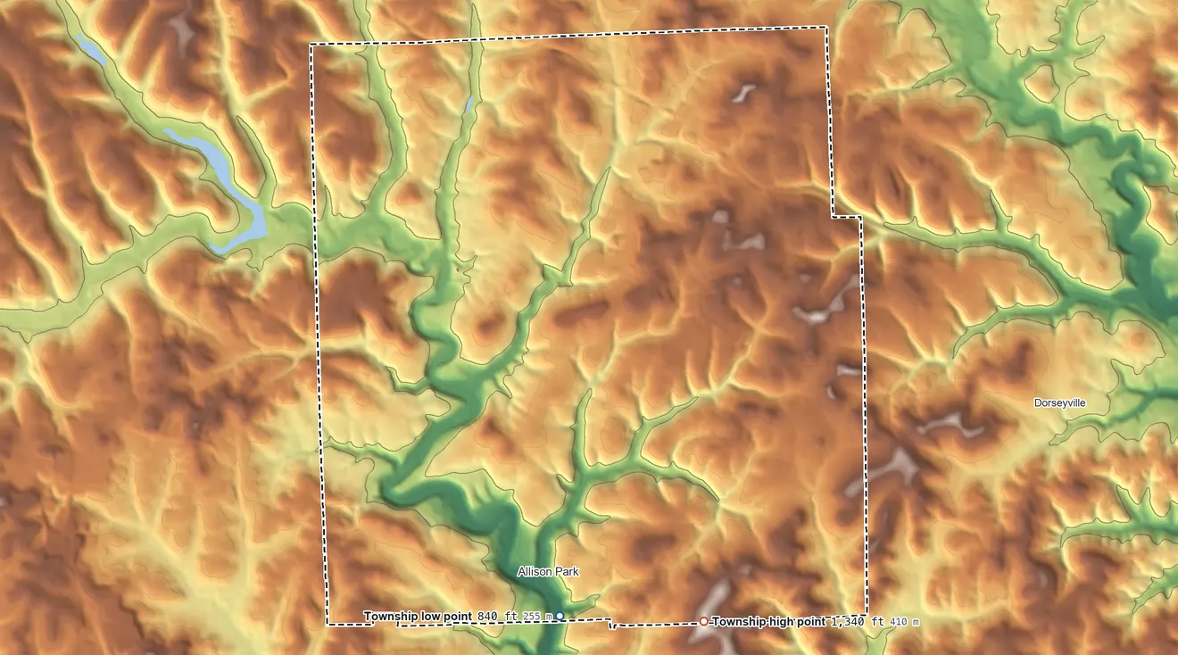 Topographic elevation map of Hampton Township, Pennsylvania, shaded from 840 ft on the south side to 1,340 ft on the south side