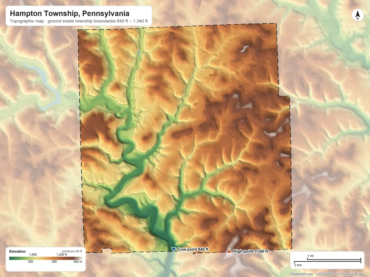 Topographic elevation map of Hampton Township, Pennsylvania, shaded from 840 ft on the south side to 1,340 ft on the south side