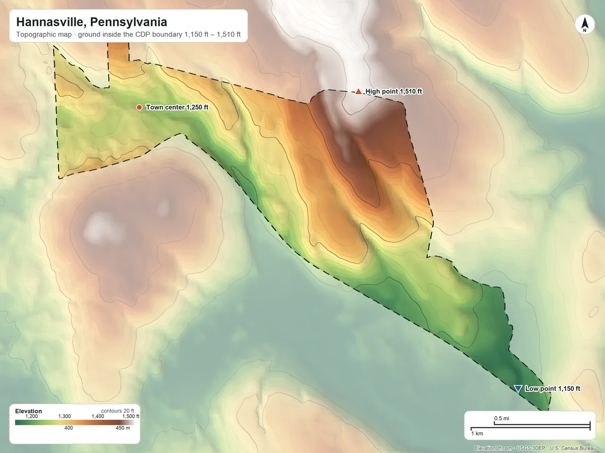 Topographic elevation map of Hannasville, Pennsylvania, shaded from 1,150 ft on the southeast side to 1,510 ft on the east side