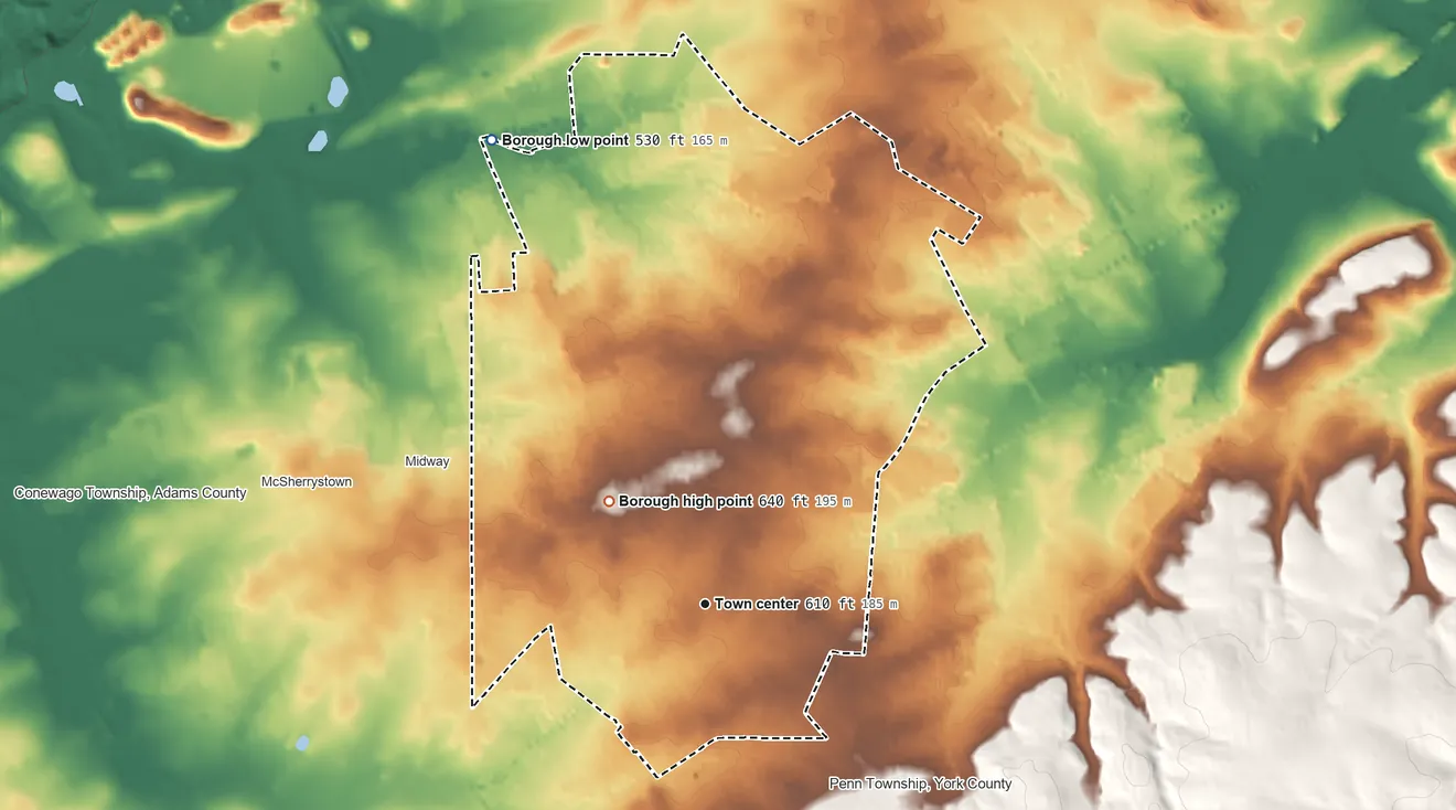 Topographic elevation map of Hanover, Pennsylvania, shaded from 530 ft on the northwest side to 640 ft on the northwest side