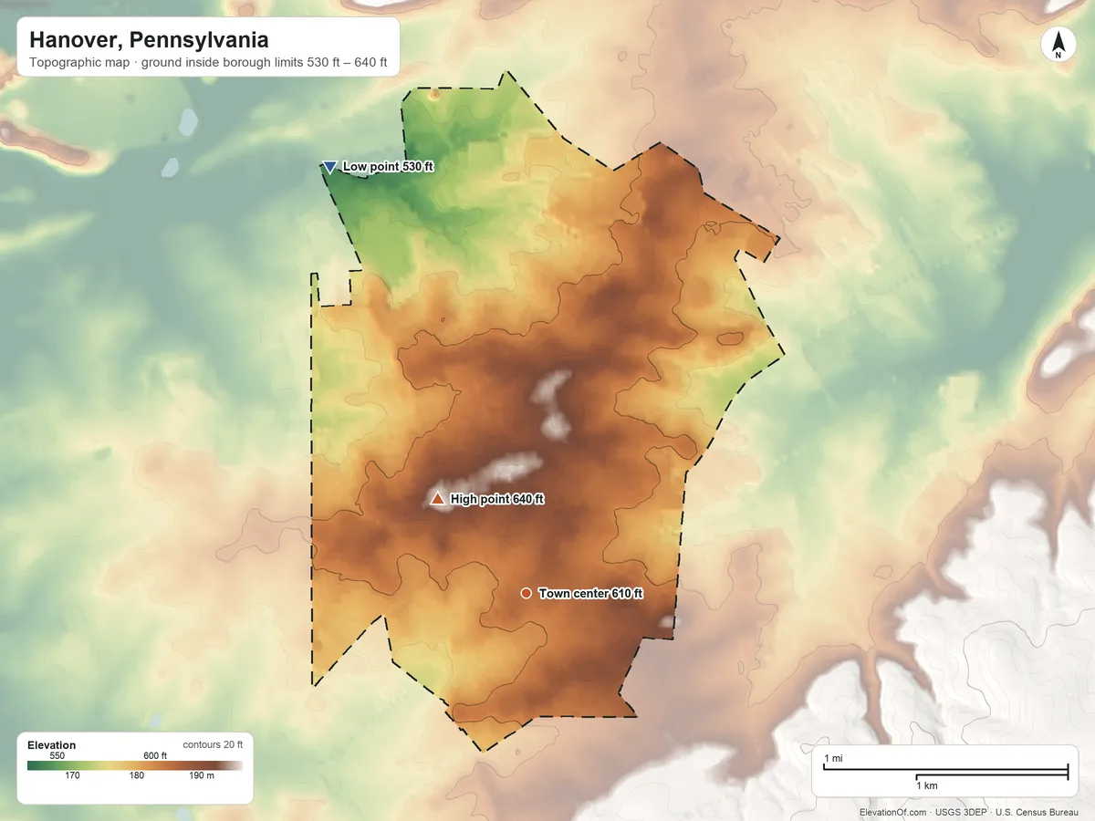 Topographic elevation map of Hanover, Pennsylvania, shaded from 530 ft on the northwest side to 640 ft on the northwest side